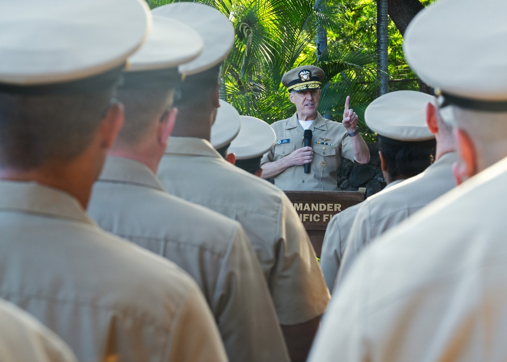 Adm. Steve Koehler, commander, U.S. Pacific Fleet, delivers remarks during the chief petty officer birthday celebration ceremony