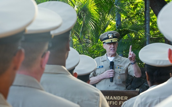 Adm. Steve Koehler, commander, U.S. Pacific Fleet, delivers remarks during the chief petty officer birthday celebration ceremony
