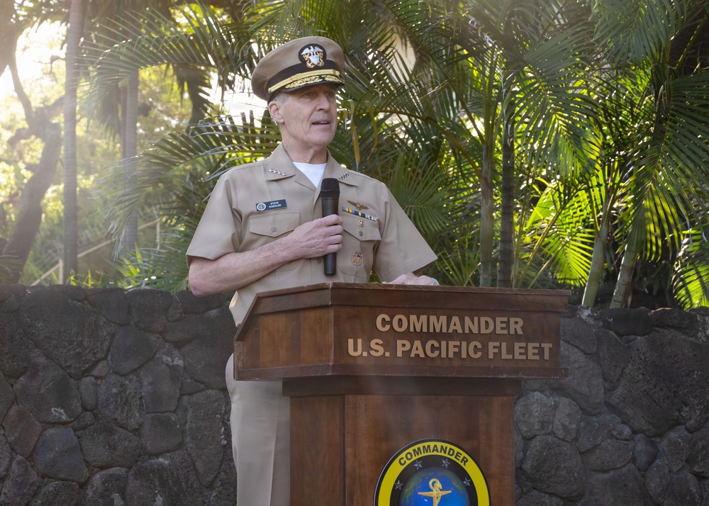 Adm. Steve Koehler, commander, U.S. Pacific Fleet, delivers remarks during the chief petty officer birthday celebration ceremony
