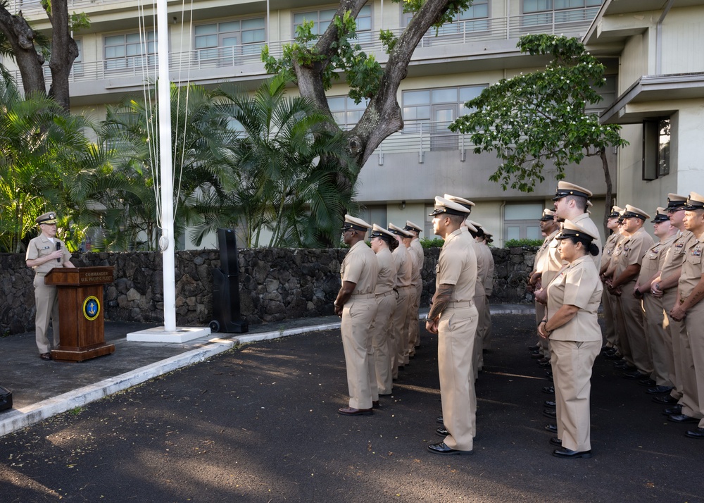 Adm. Steve Koehler, commander, U.S. Pacific Fleet, delivers remarks during the chief petty officer birthday celebration ceremony