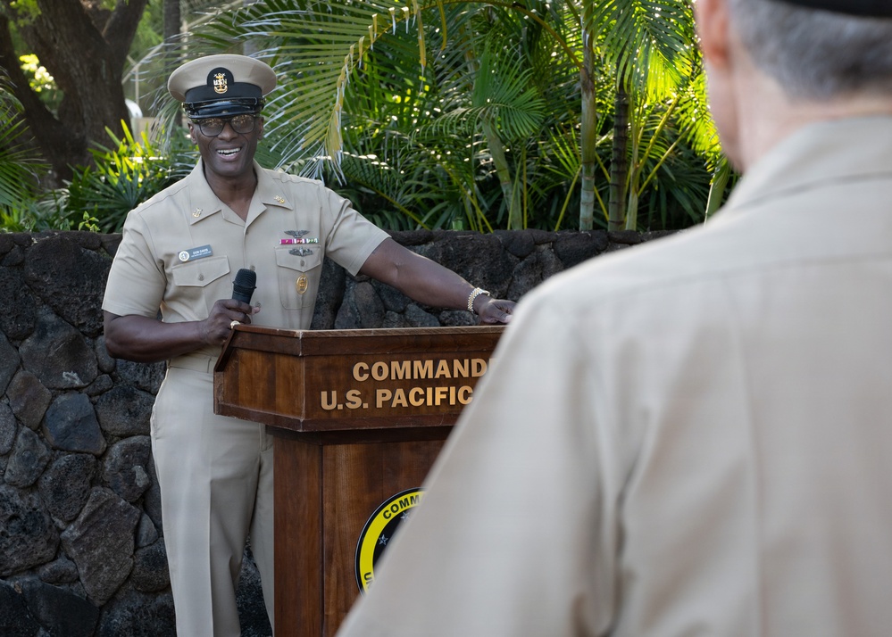 U.S. Pacific Fleet Master Chief Don Davis delivers remarks during the chief petty officer birthday celebration ceremony