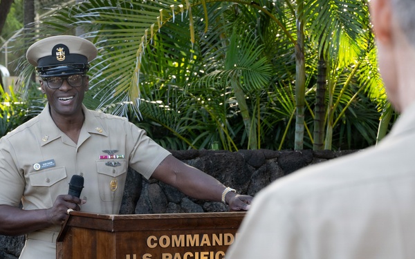 U.S. Pacific Fleet Master Chief Don Davis delivers remarks during the chief petty officer birthday celebration ceremony