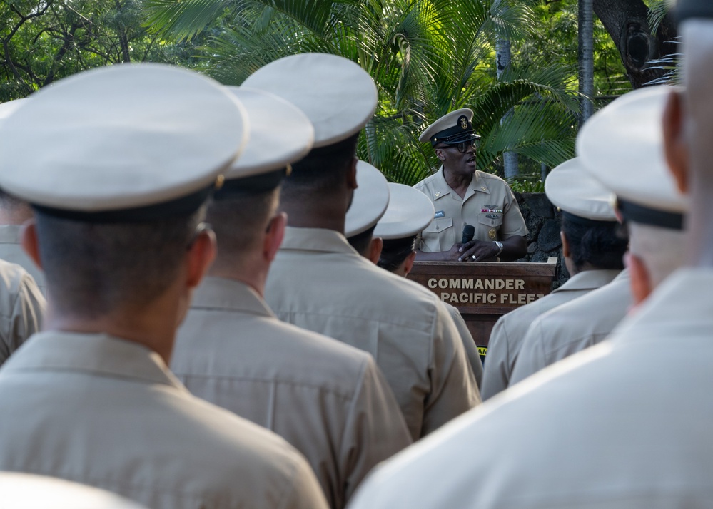 U.S. Pacific Fleet Master Chief Don Davis delivers remarks during the chief petty officer birthday celebration ceremony