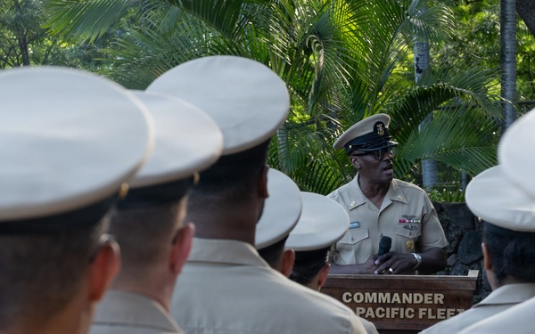 U.S. Pacific Fleet Master Chief Don Davis delivers remarks during the chief petty officer birthday celebration ceremony