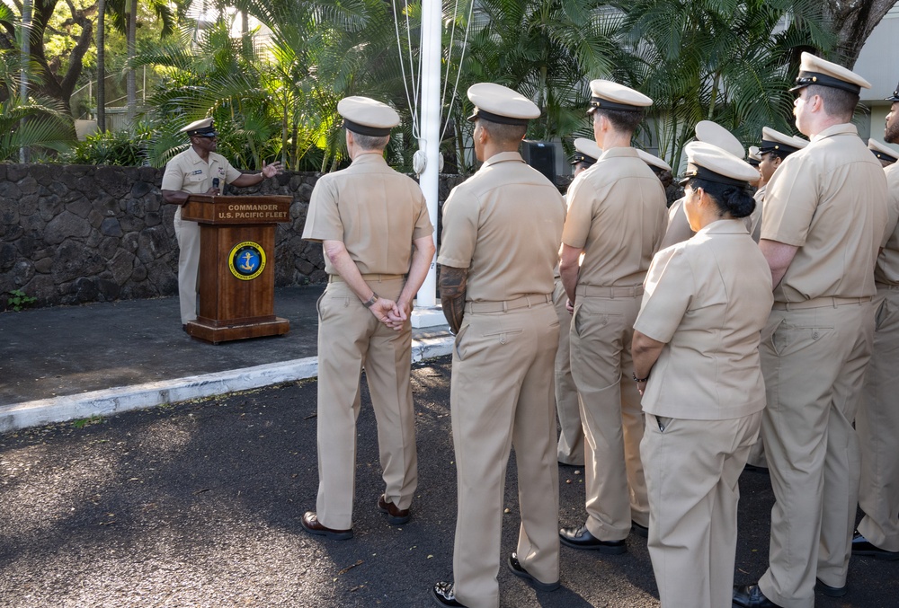 U.S. Pacific Fleet Master Chief Don Davis delivers remarks during the chief petty officer birthday celebration ceremony