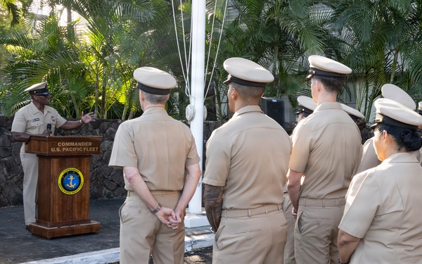 U.S. Pacific Fleet Master Chief Don Davis delivers remarks during the chief petty officer birthday celebration ceremony