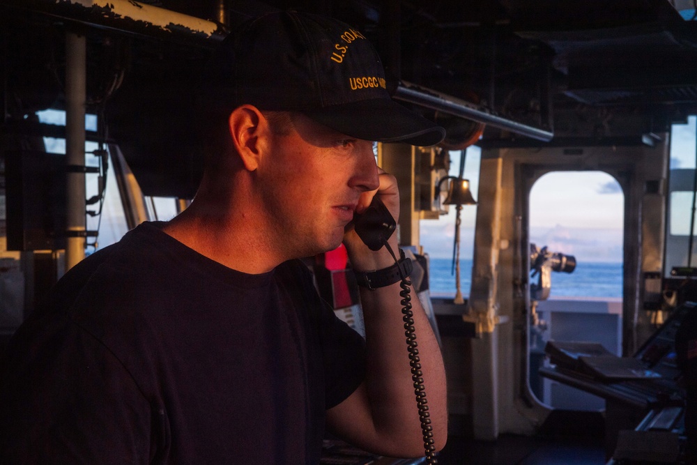 USCGC Midgett (WMSL 757) Coast Guardsmen stand watch on the bridge