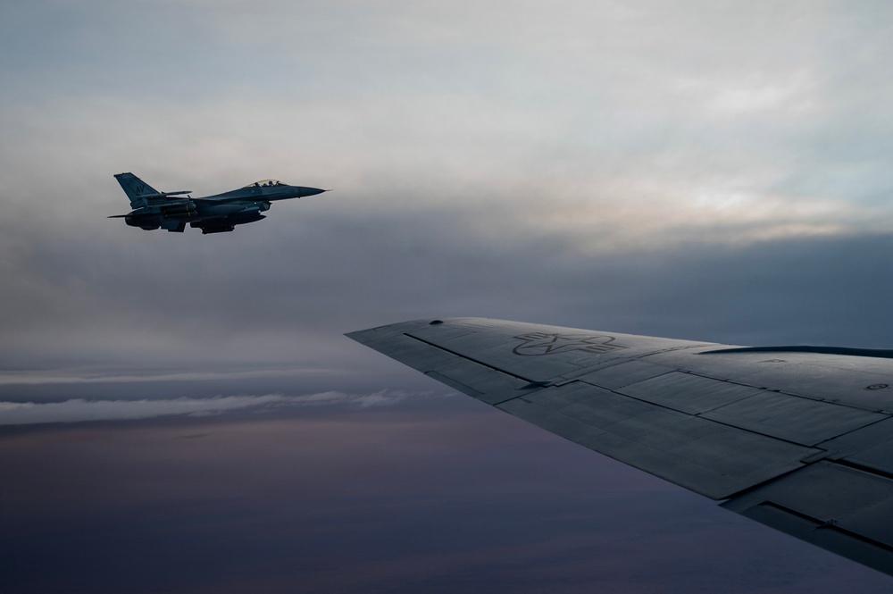 F-16 Fighting Falcons fly during Operation Epic Fury