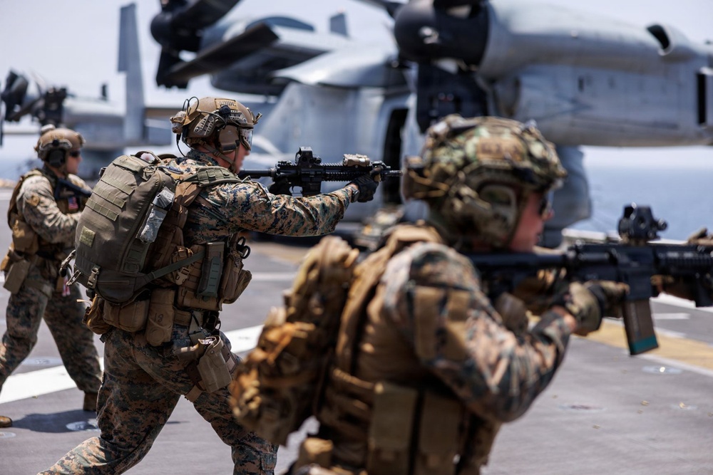 U.S. Marines conduct deck shoot during Operation Epic Fury