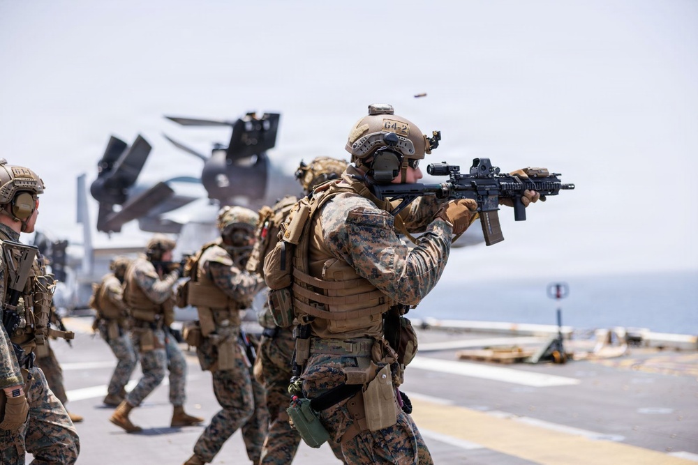 U.S. Marines conduct deck shoot during Operation Epic Fury