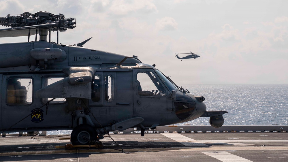 MH-60S Flight Operations aboard USS Tripoli during Operation Epic Fury