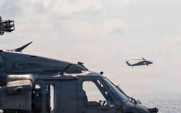 MH-60S Flight Operations aboard USS Tripoli during Operation Epic Fury