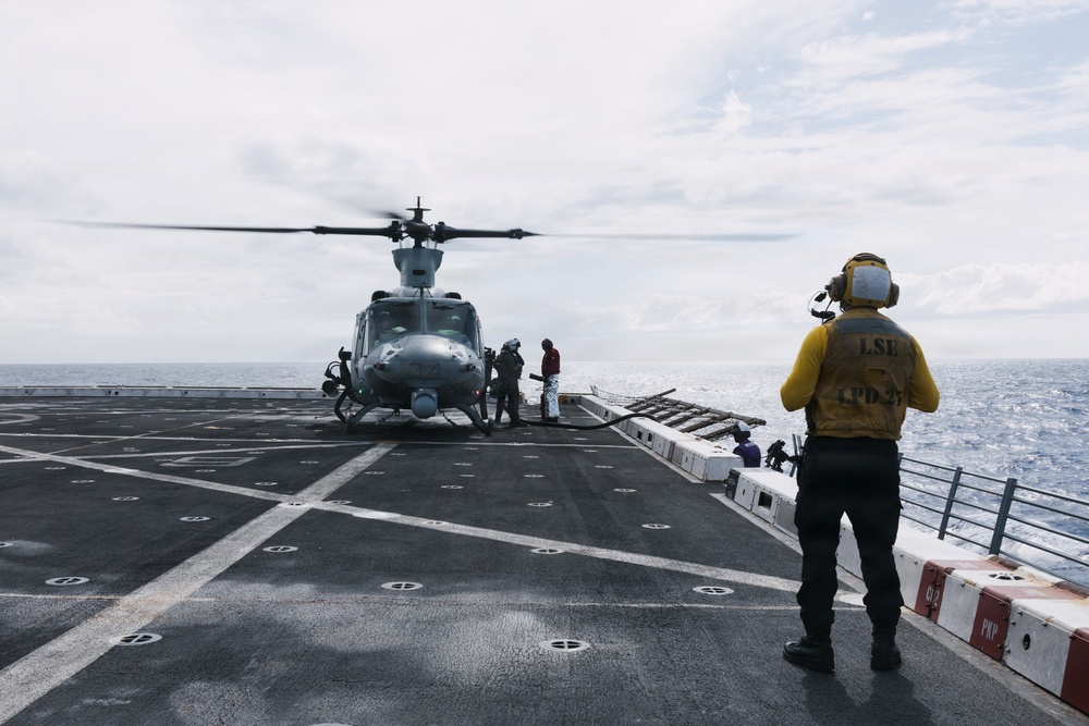 11th MEU Marines, Sailors conduct flight deck operations aboard USS Portland