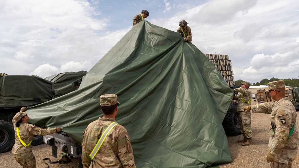 101st Division Sustainment Brigade Soldiers receive and prepare Class III and Class IV for distribution to maneuver units before 3rd MBCT’s JRTC Rotation