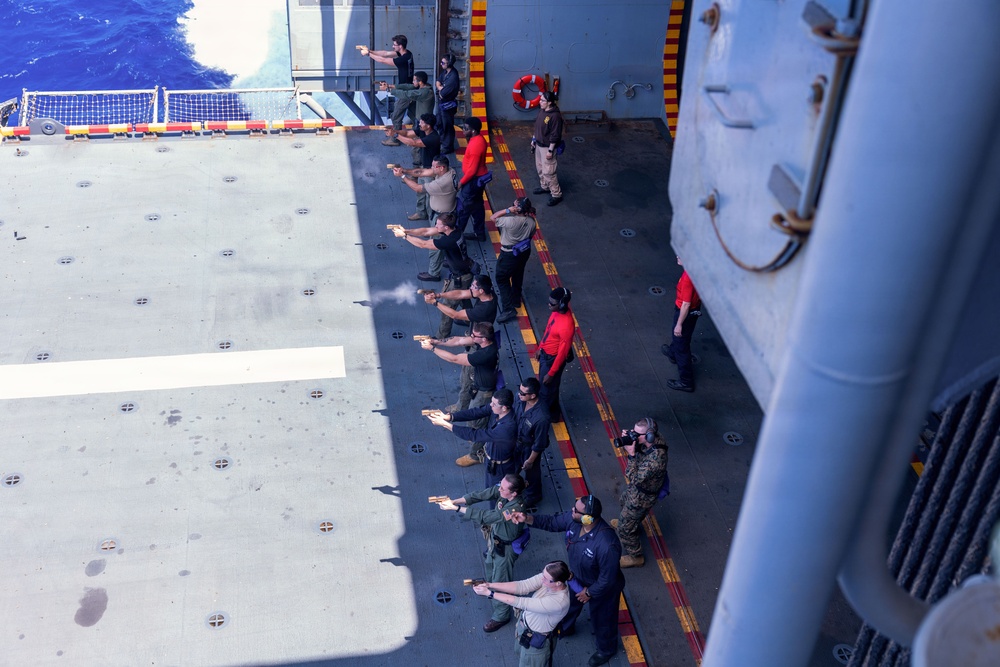 11th MEU Marines, Sailors Conduct Pistol Range Aboard USS Boxer