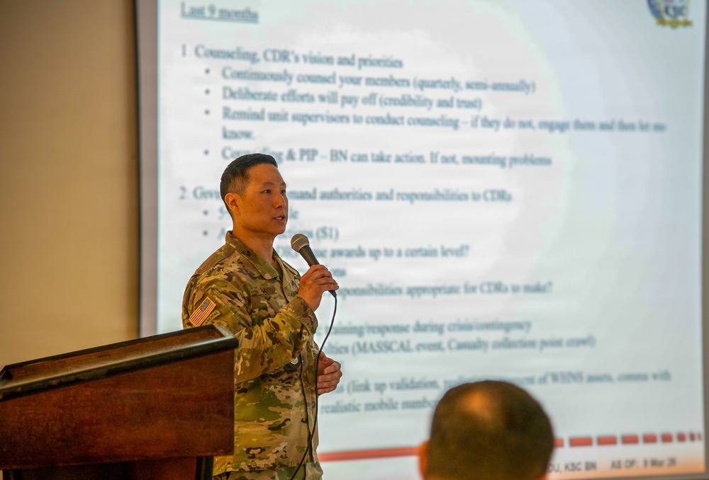 The Korean Service Corps Battalion's leadership, including the command group, staff, and company commanders, conducted a Senior Leader’s Engagement to review the last nine months' accomplishments and set future priorities at Camp Humphreys on Mar. 25.