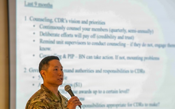 The Korean Service Corps Battalion's leadership, including the command group, staff, and company commanders, conducted a Senior Leader’s Engagement to review the last nine months' accomplishments and set future priorities at Camp Humphreys on Mar. 25.