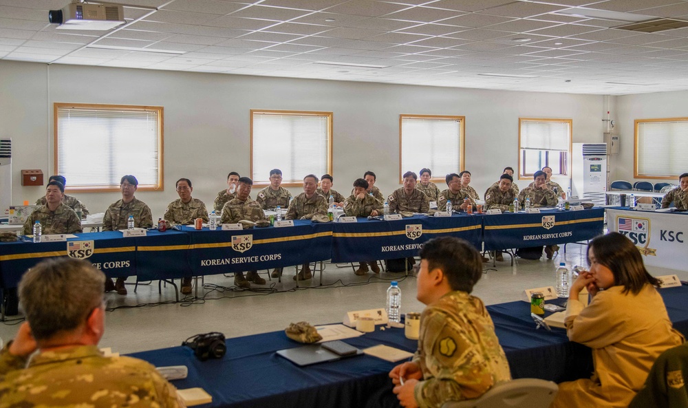 The Korean Service Corps Battalion's leadership, including the command group, staff, and company commanders, conducted a Senior Leader’s Engagement to review the last nine months' accomplishments and set future priorities at Camp Humphreys on Mar. 25.