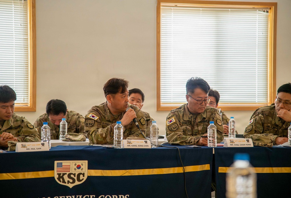 The Korean Service Corps Battalion's leadership, including the command group, staff, and company commanders, conducted a Senior Leader’s Engagement to review the last nine months' accomplishments and set future priorities at Camp Humphreys on Mar. 25.