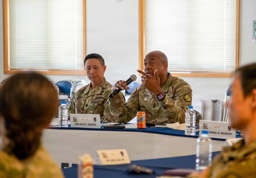 The Korean Service Corps Battalion's leadership, including the command group, staff, and company commanders, conducted a Senior Leader’s Engagement to review the last nine months' accomplishments and set future priorities at Camp Humphreys on Mar. 25.