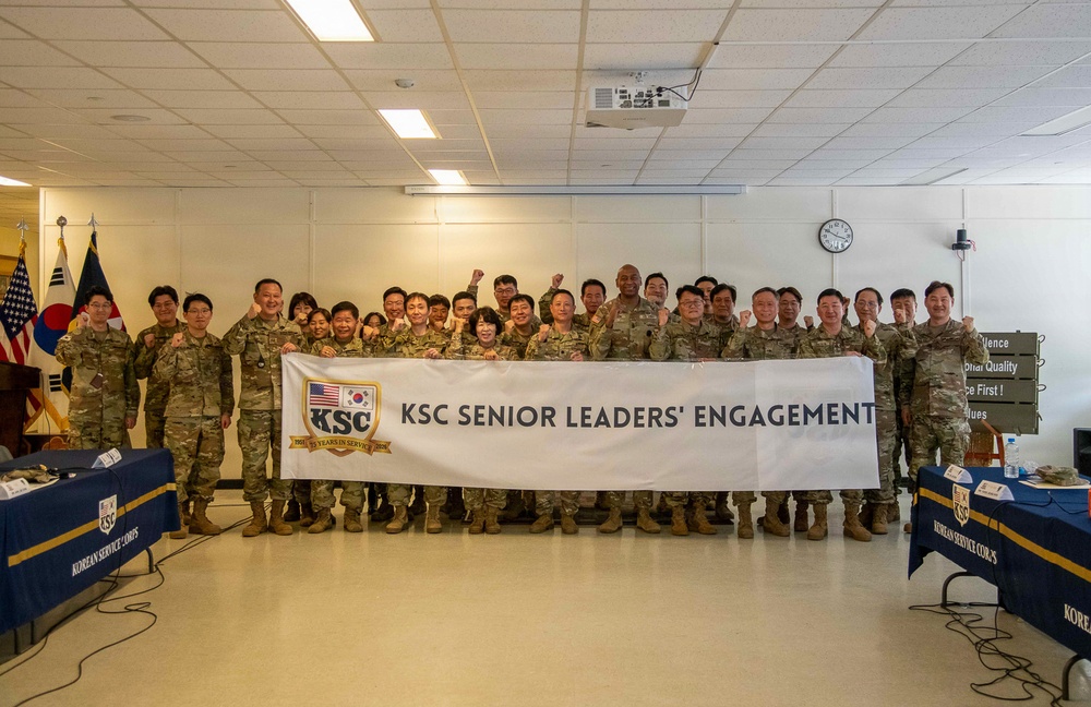 The Korean Service Corps Battalion's leadership, including the command group, staff, and company commanders, conducted a Senior Leader’s Engagement to review the last nine months' accomplishments and set future priorities at Camp Humphreys on Mar. 25.