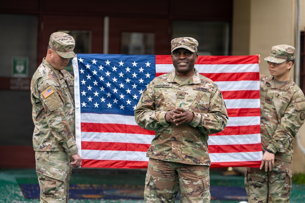 Sgt. Mark Kirumira reaffirmed his commitment to the U.S. Army on Apr. 6, surrounded by his peers and leadership during a ceremony at the U.S. Army Materiel Support Command – Korea (MSC-K) headquarters on Camp Carroll.