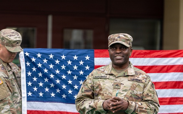 Sgt. Mark Kirumira reaffirmed his commitment to the U.S. Army on Apr. 6, surrounded by his peers and leadership during a ceremony at the U.S. Army Materiel Support Command – Korea (MSC-K) headquarters on Camp Carroll.