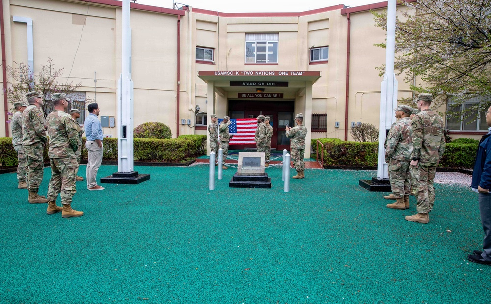Sgt. Mark Kirumira reaffirmed his commitment to the U.S. Army on Apr. 6, surrounded by his peers and leadership during a ceremony at the U.S. Army Materiel Support Command – Korea (MSC-K) headquarters on Camp Carroll.