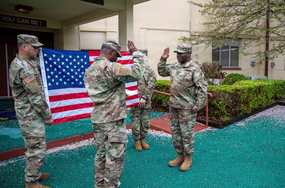 Sgt. Mark Kirumira reaffirmed his commitment to the U.S. Army on Apr. 6, surrounded by his peers and leadership during a ceremony at the U.S. Army Materiel Support Command – Korea (MSC-K) headquarters on Camp Carroll.