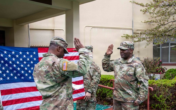Sgt. Mark Kirumira reaffirmed his commitment to the U.S. Army on Apr. 6, surrounded by his peers and leadership during a ceremony at the U.S. Army Materiel Support Command – Korea (MSC-K) headquarters on Camp Carroll.