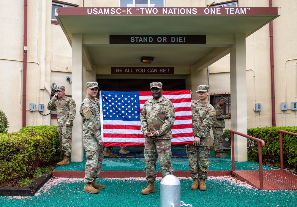 Sgt. Mark Kirumira reaffirmed his commitment to the U.S. Army on Apr. 6, surrounded by his peers and leadership during a ceremony at the U.S. Army Materiel Support Command – Korea (MSC-K) headquarters on Camp Carroll.