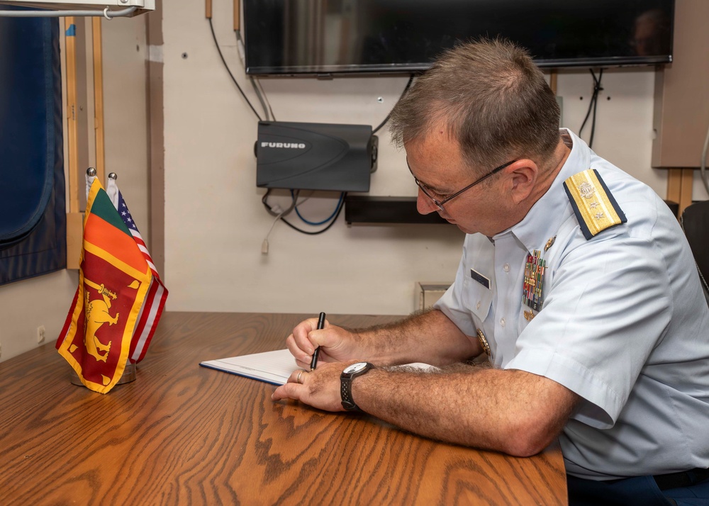 U.S. Coast Guard Rear Adm. Sean Regan, commander, Oceania District, visits the Sri Lanka Navy's offshore patrol vessel P628