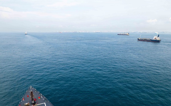USS Rafael Peralta (DDG 115) transits the Strait of Malacca