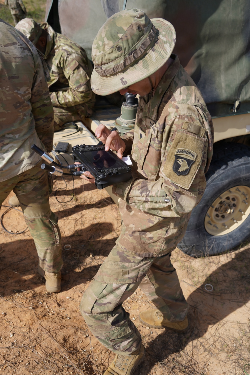 101st MFRC Soldier operates handheld drone conroller
