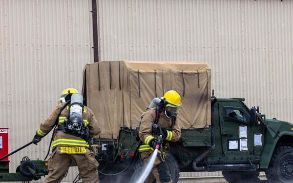 U.S. Marines execute simulated aircraft firefighting drill