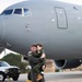 U.S. Air Force Maj. Hyle Hadel celebrates his final flight