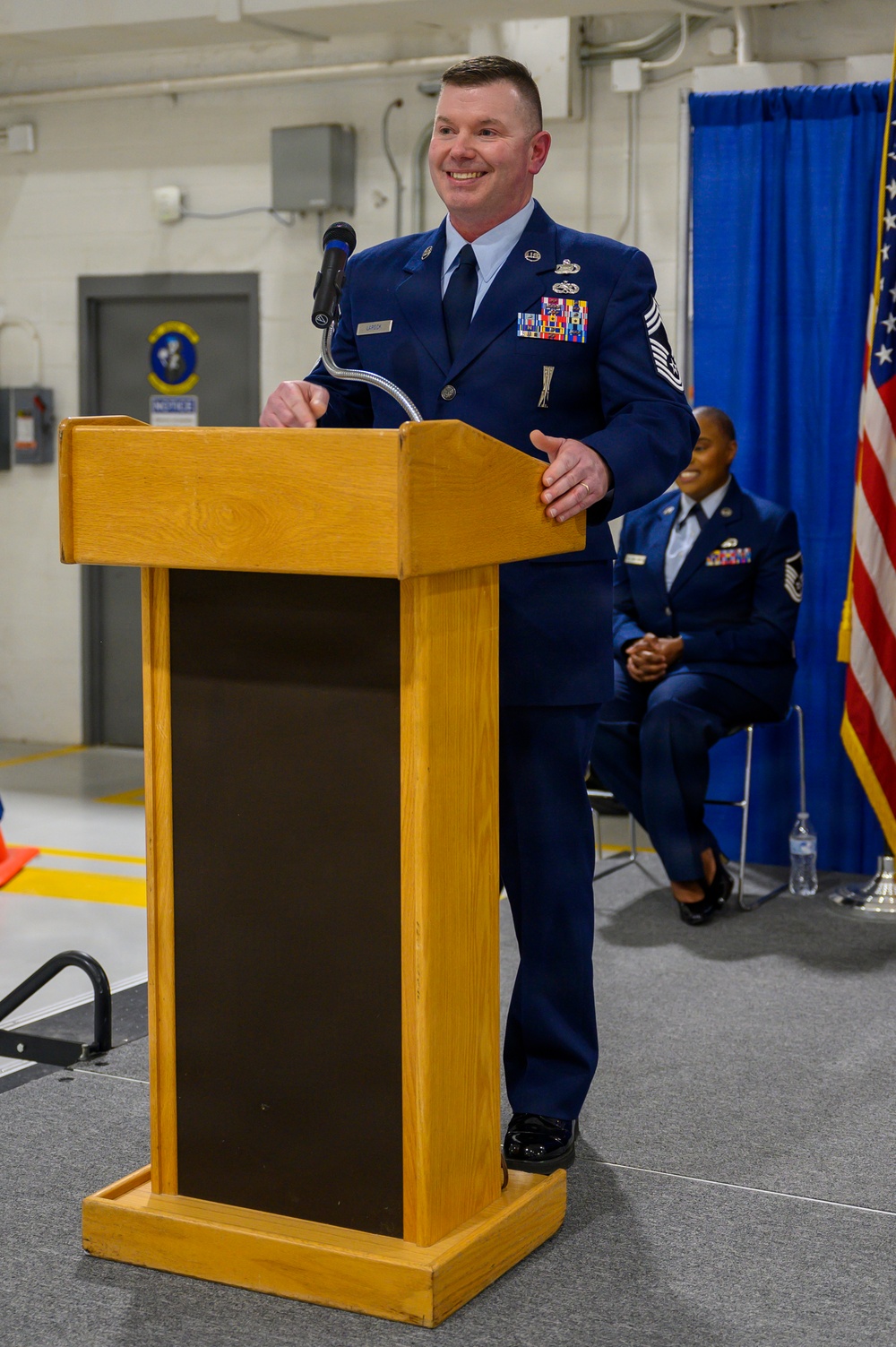 Command chief addresses wing during change of responsibility ceremony