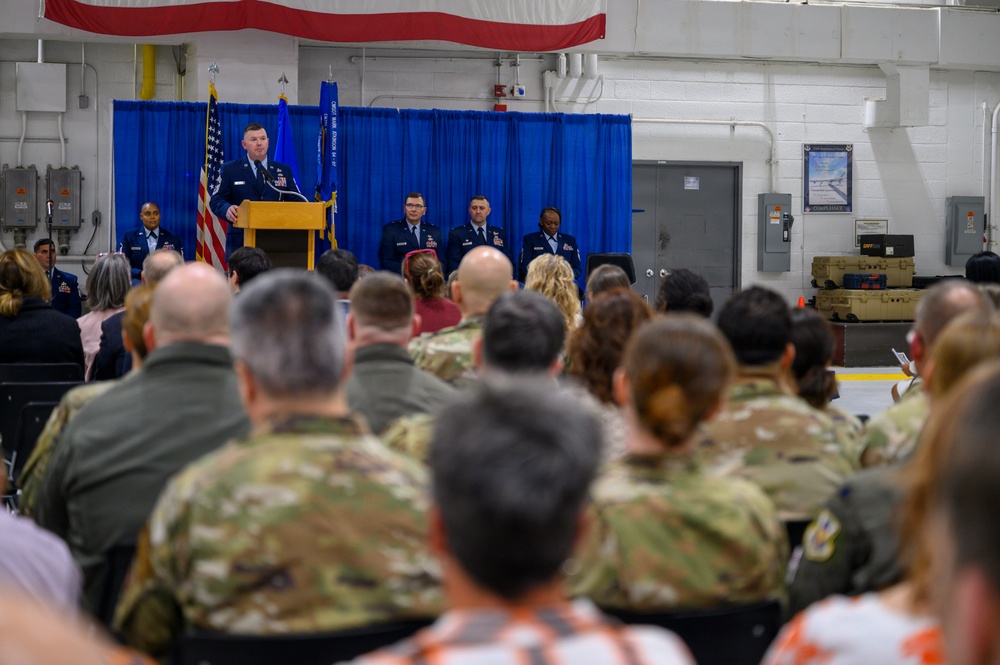 Command chief addresses wing during change of responsibility ceremony