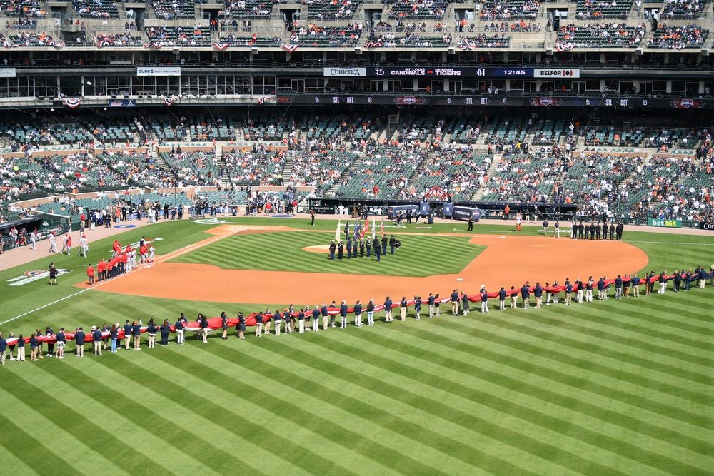 Michigan National Guard Soldiers participate in the Detroit Tigers Opening Dey Ceremony.
