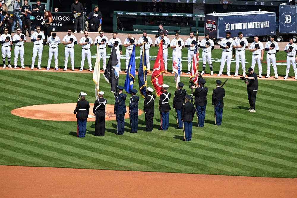 Michigan National Guard Soldiers participate in the Detroit Tigers Opening Dey Ceremony.