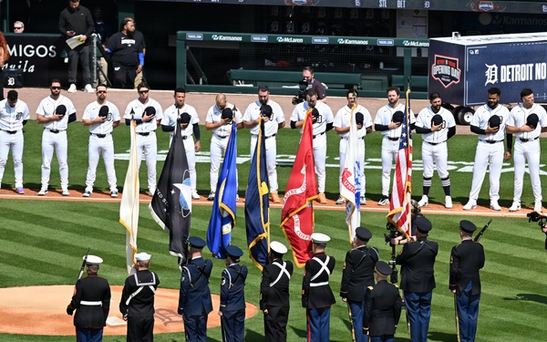 Michigan National Guard Soldiers participate in the Detroit Tigers Opening Dey Ceremony.