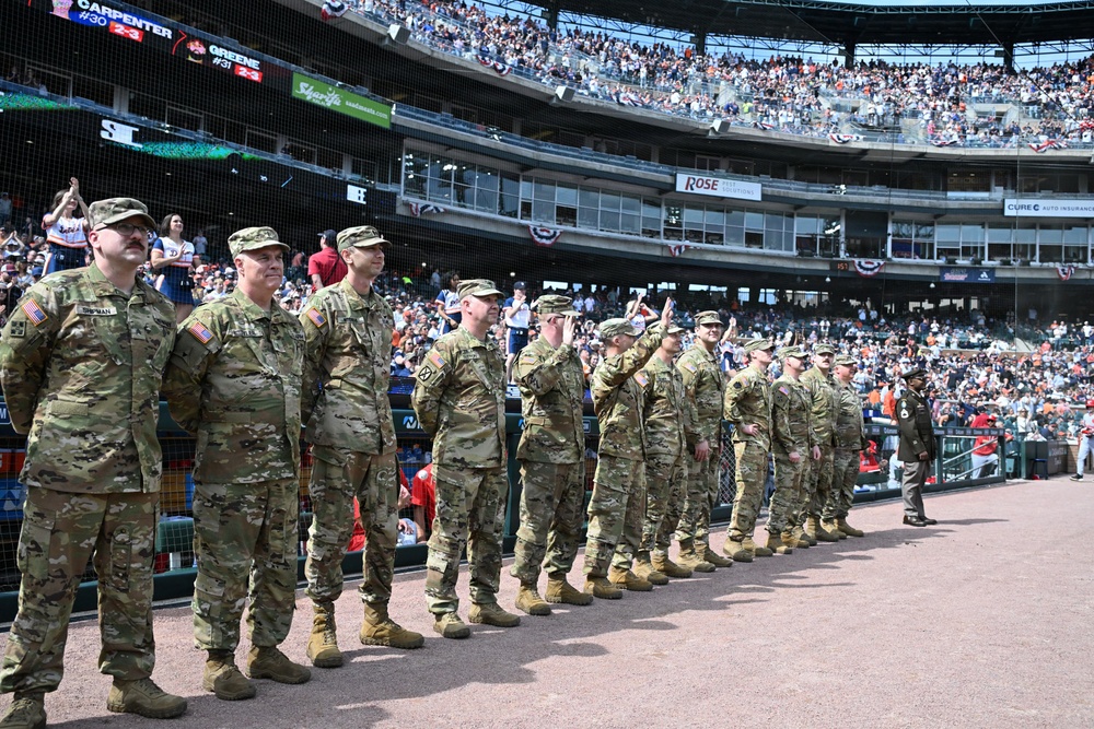 Michigan National Guard Soldiers participate in the Detroit Tigers Opening Dey Ceremony.