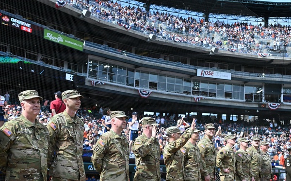 Michigan National Guard Soldiers participate in the Detroit Tigers Opening Dey Ceremony.