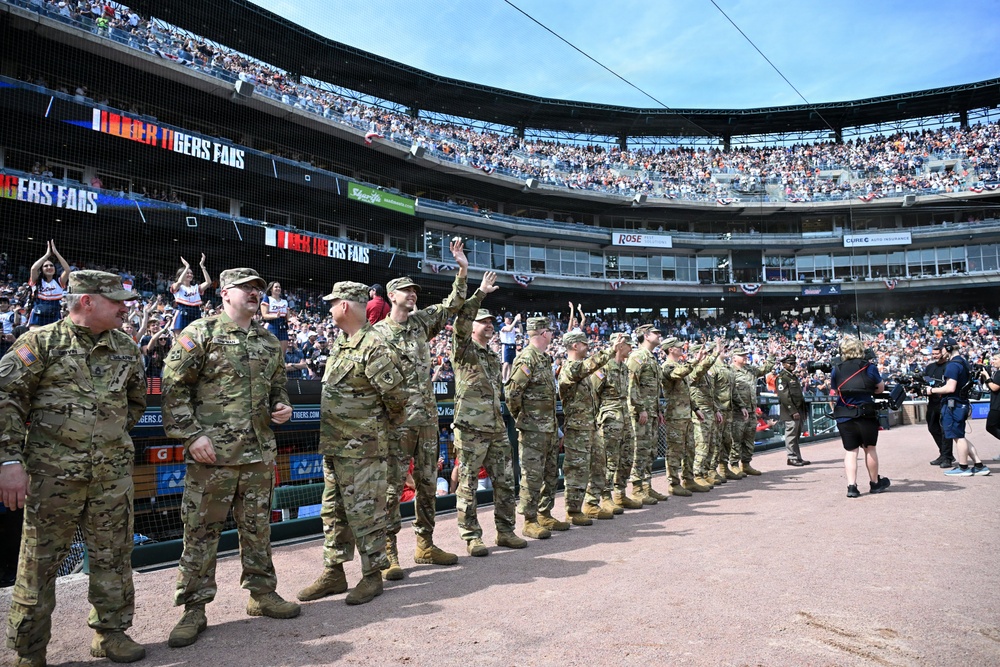 Michigan National Guard Soldiers participate in the Detroit Tigers Opening Dey Ceremony.