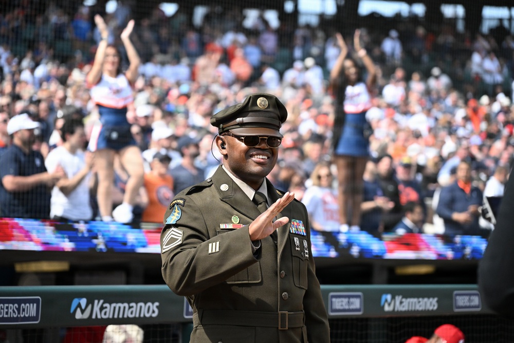 Michigan National Guard Soldiers participate in the Detroit Tigers Opening Dey Ceremony.