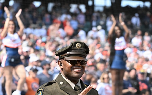 Michigan National Guard Soldiers participate in the Detroit Tigers Opening Dey Ceremony.