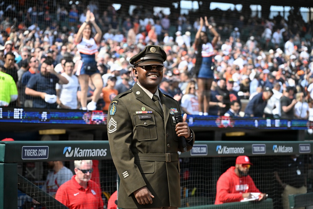 Michigan National Guard Soldiers participate in the Detroit Tigers Opening Dey Ceremony.