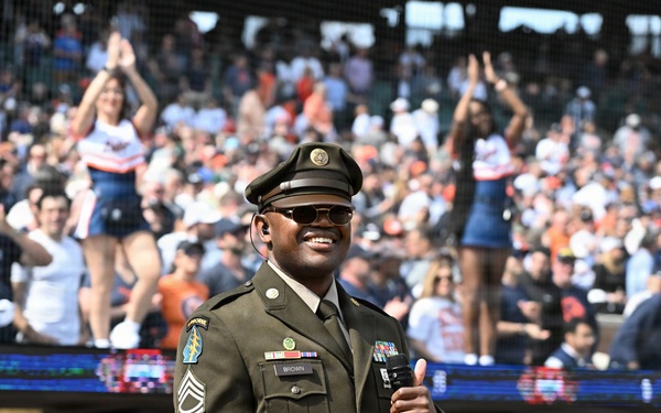 Michigan National Guard Soldiers participate in the Detroit Tigers Opening Dey Ceremony.