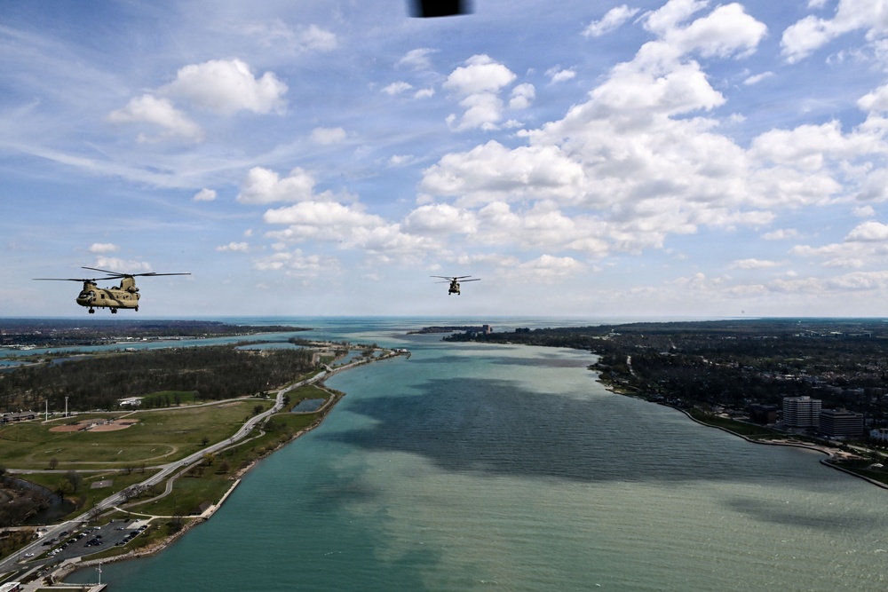 Michigan Army National Guard CH-47 Chinooks Conduct Flyover for Detroit Tigers Opening Day at Comerica Park