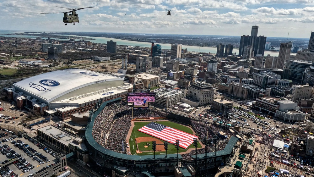 Michigan Army National Guard CH-47 Chinooks Conduct Flyover for Detroit Tigers Opening Day at Comerica Park